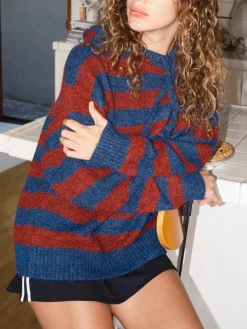 Riley Knit Hoodie - Red Navy Stripe