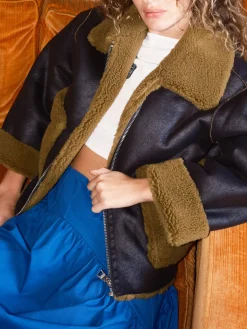 Vera Shearling Aviator Jacket - Black/Avocado