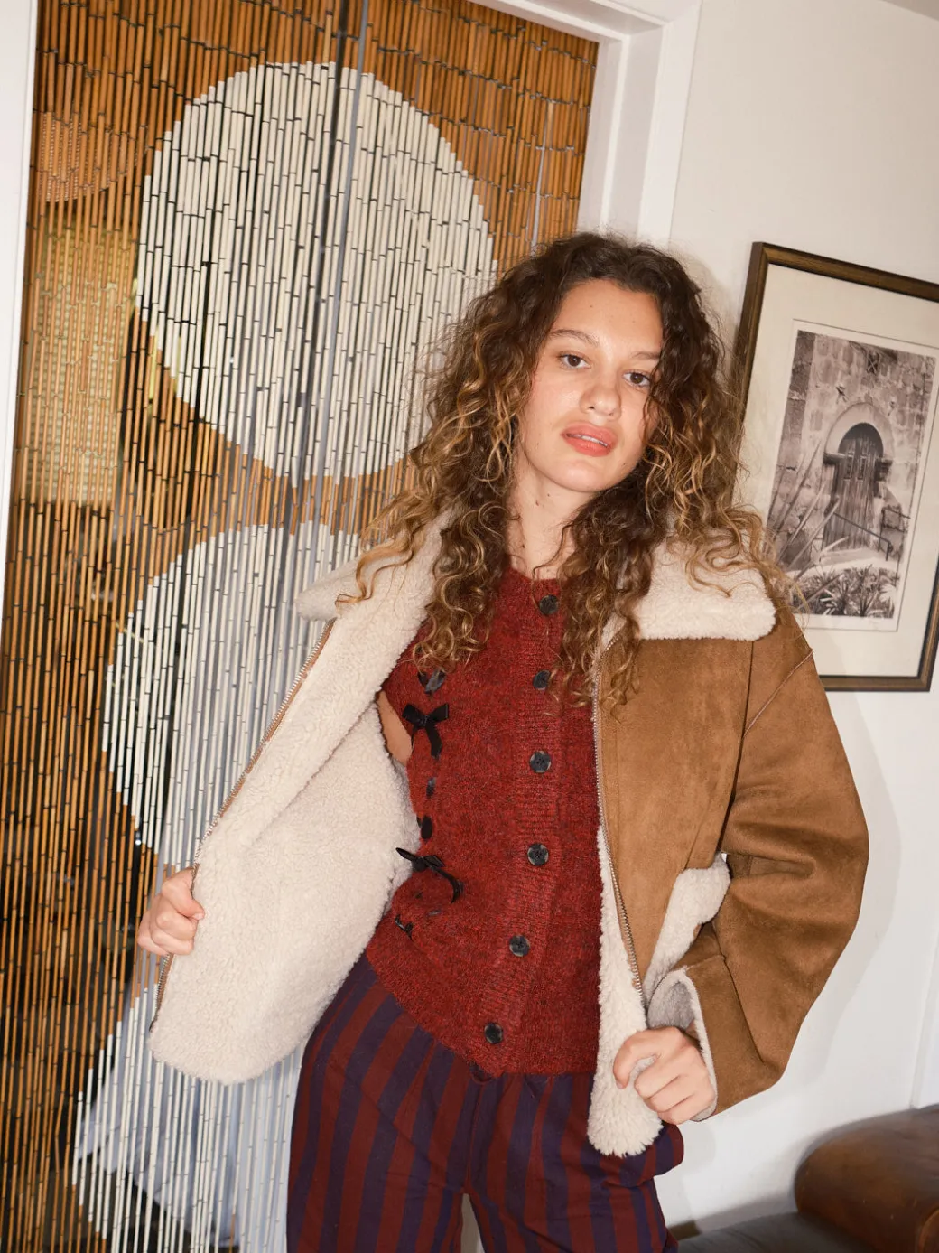 Vera Shearling Aviator Jacket - Tan/Cream