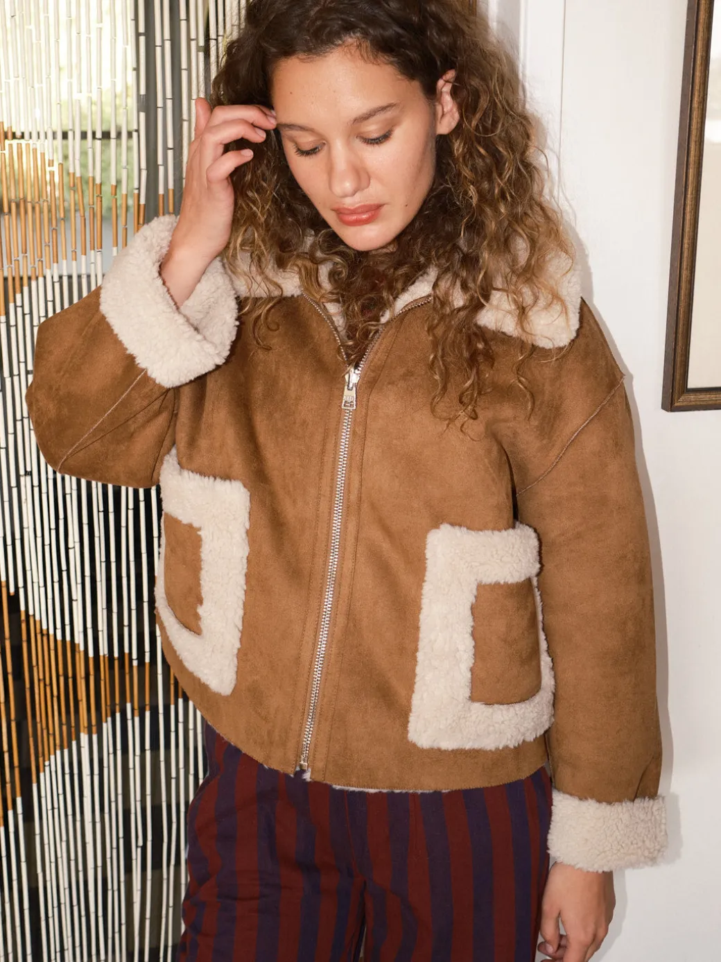 Vera Shearling Aviator Jacket - Tan/Cream